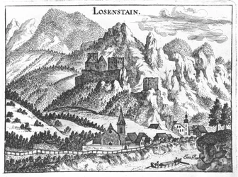 Gravur, Ansicht von Schloss Losenstein, Oberösterreich